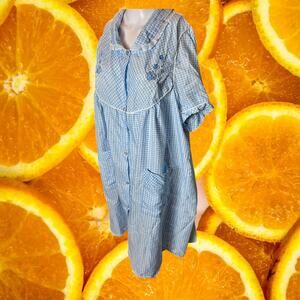 Lati Fashion Checked Full‎ Snap Floral Embroidered Short Sleeve Housecoat Sz 3XL